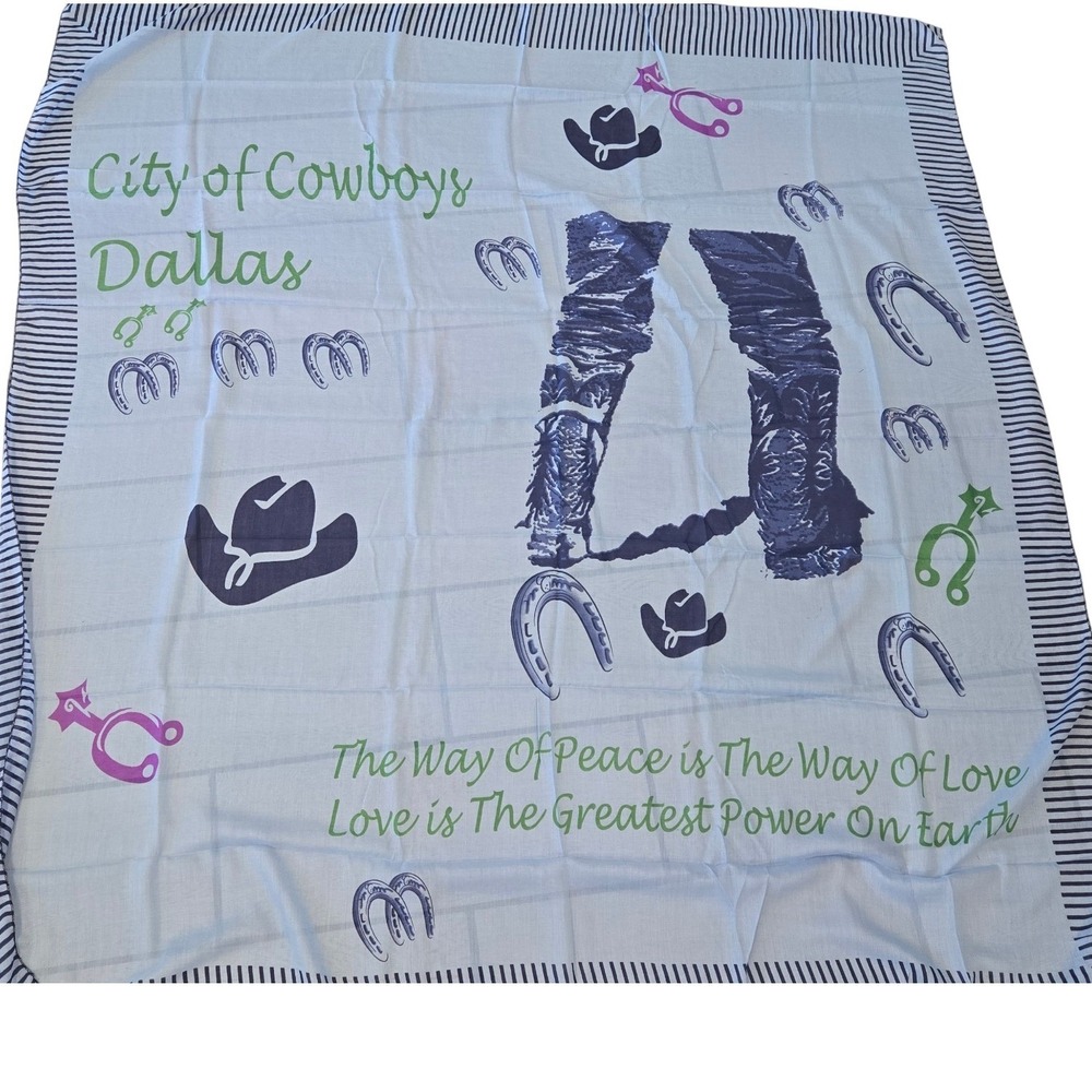 Raj Dallas City of Cowboys Scarf Light Blue Western Souvenir Square Wrap NWT